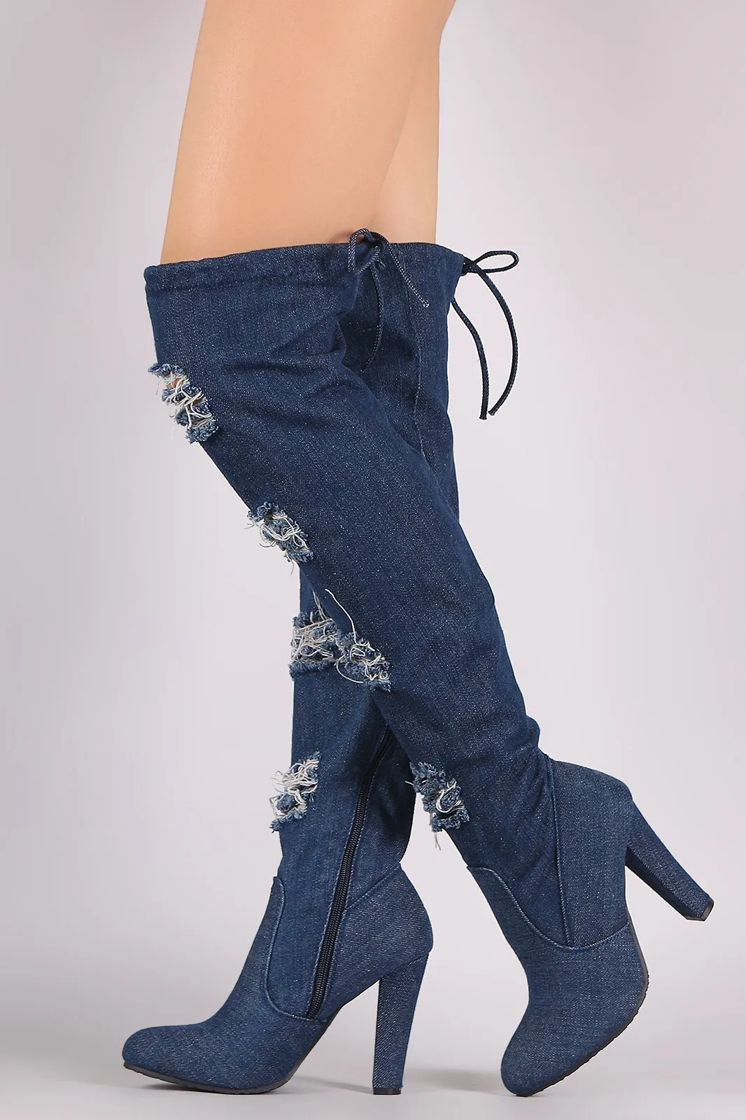 Distressed Denim Almond Toe Chunky Heeled Over-The-Knee Boots