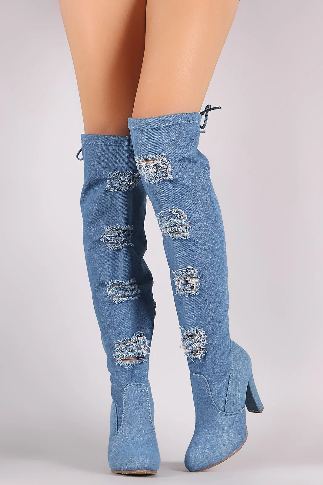 Distressed Denim Almond Toe Chunky Heeled Over-The-Knee Boots