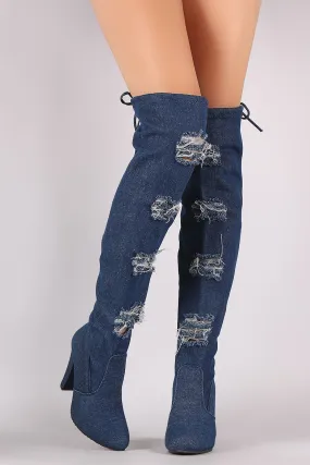 Distressed Denim Almond Toe Chunky Heeled Over-The-Knee Boots