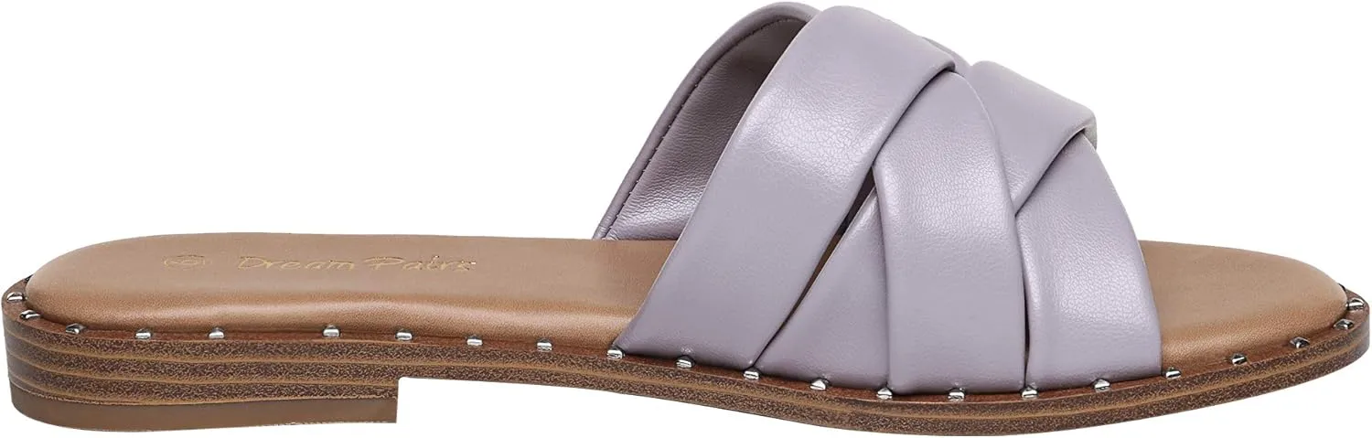 DREAM PAIRS Women' s Cute Slip On Studded Flat Slides Sandals