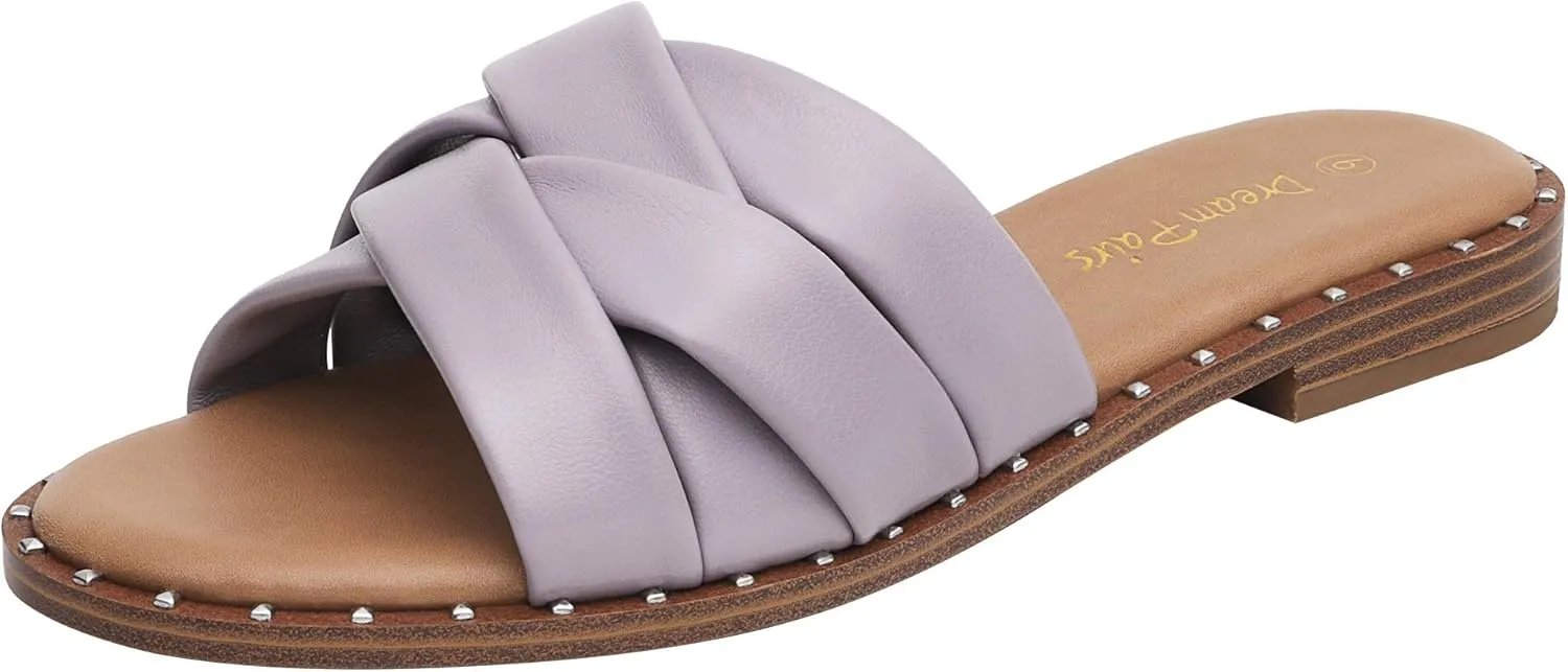DREAM PAIRS Women' s Cute Slip On Studded Flat Slides Sandals