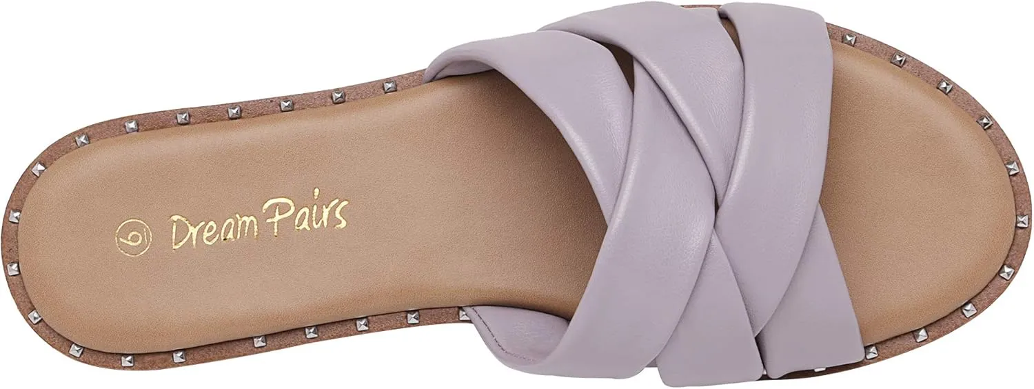 DREAM PAIRS Women' s Cute Slip On Studded Flat Slides Sandals