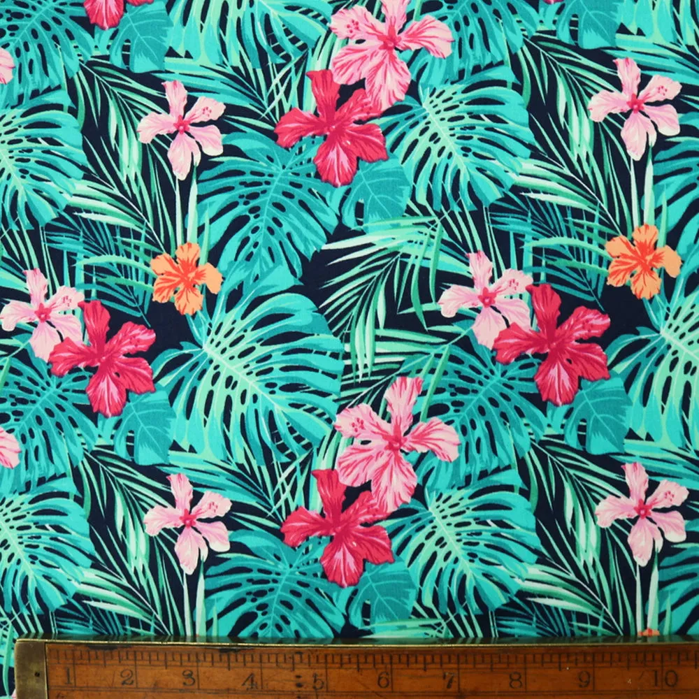 Dressmaking Tropical Palms & Flowers Print Cotton - Greens