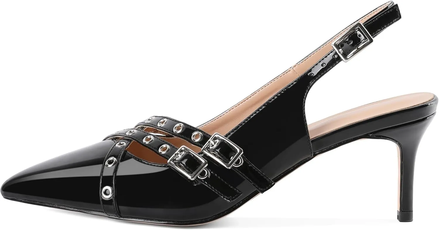 Eldof Women Slingback Heels Buckle Strap Pointed Toe Slip On Kitten Heel Pumps Shoes Dressy Studded Eyelet 2.5 Inches