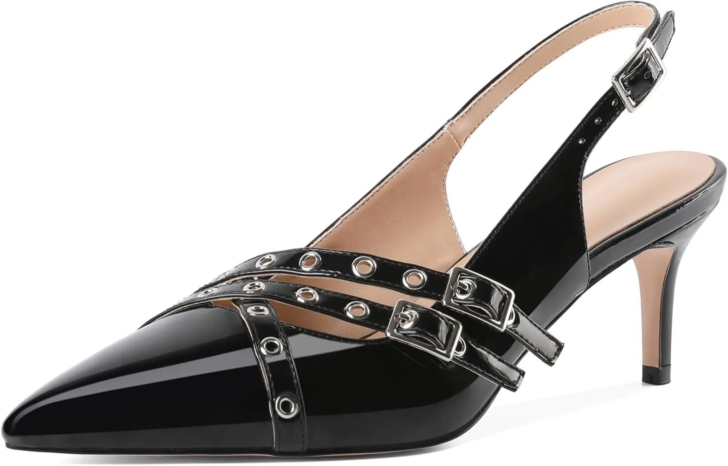 Eldof Women Slingback Heels Buckle Strap Pointed Toe Slip On Kitten Heel Pumps Shoes Dressy Studded Eyelet 2.5 Inches