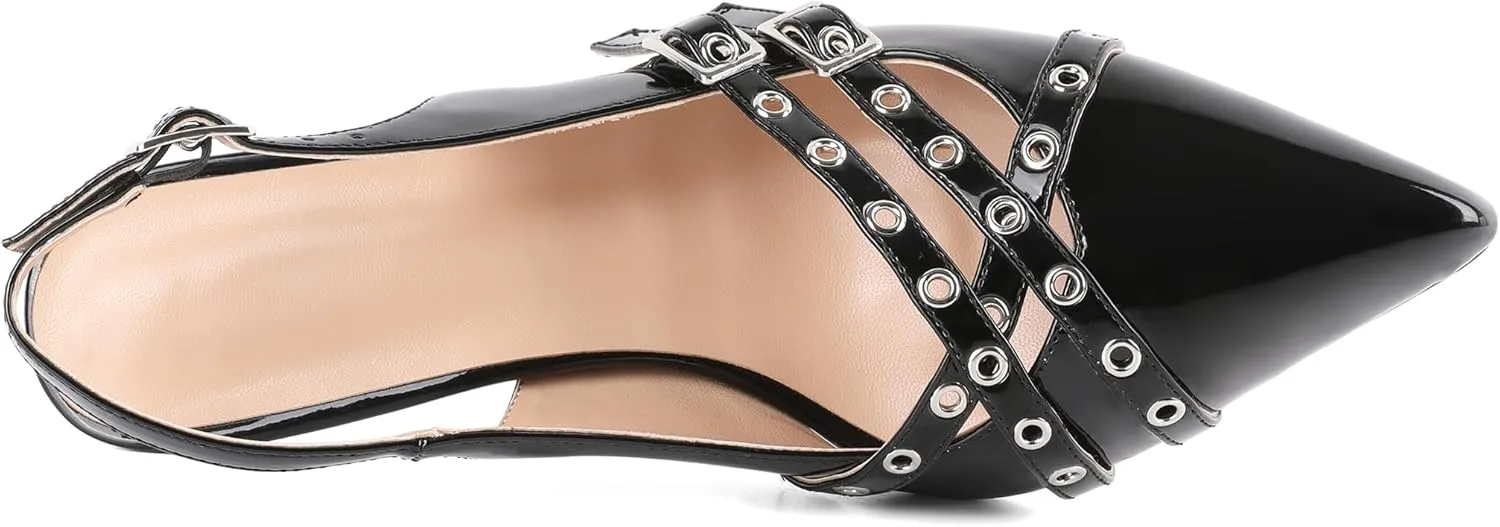 Eldof Women Slingback Heels Buckle Strap Pointed Toe Slip On Kitten Heel Pumps Shoes Dressy Studded Eyelet 2.5 Inches