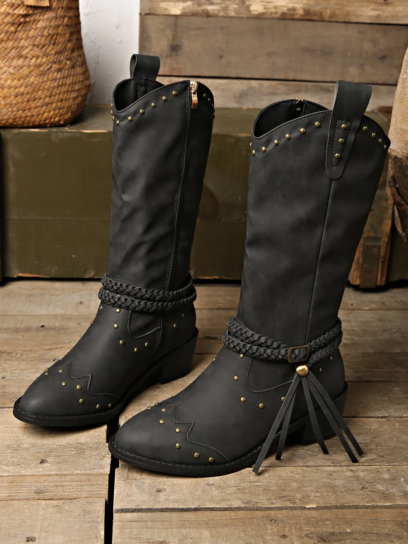 elveswallet Rivet belt buckle tassel mid-calf Martin boots