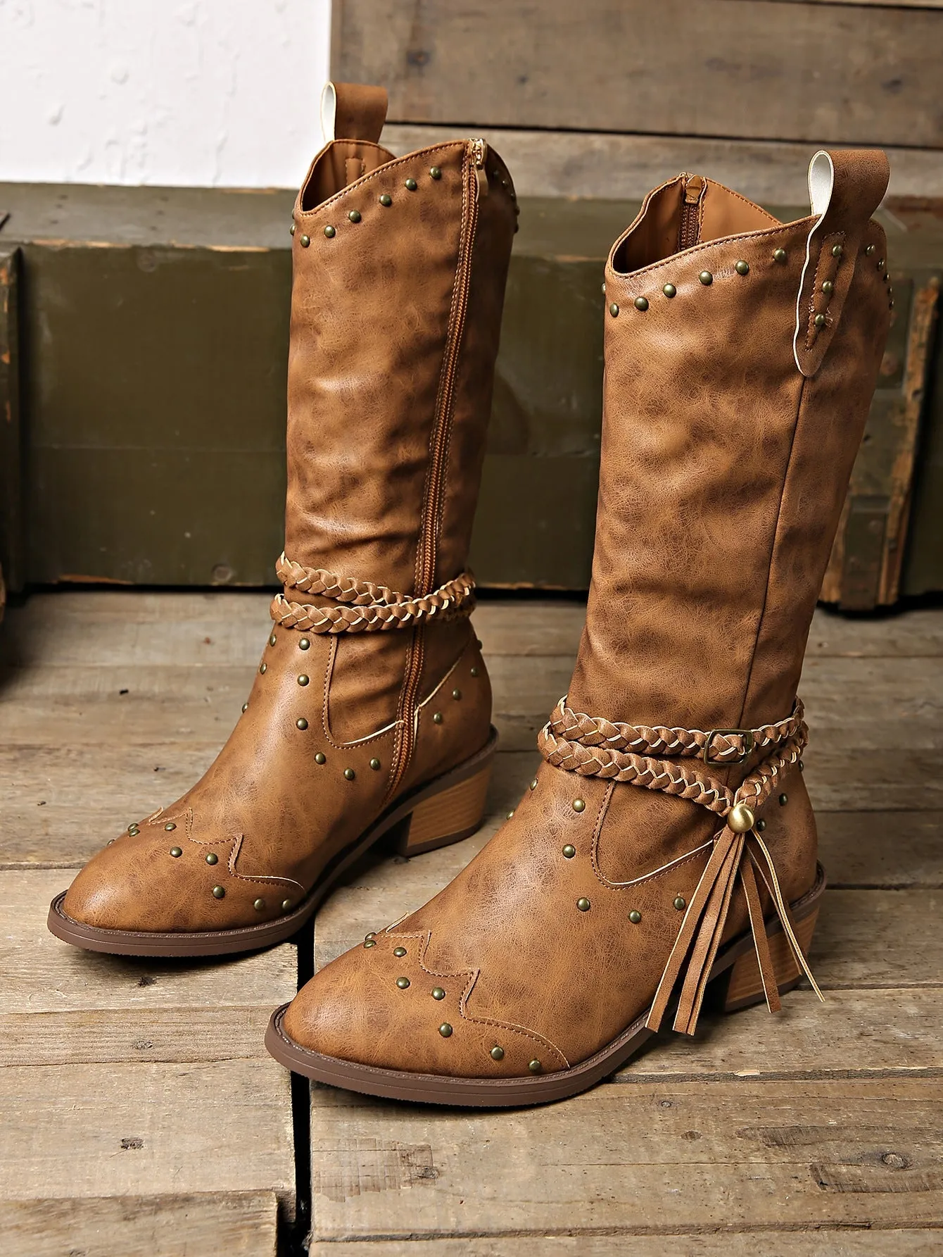 elveswallet Rivet belt buckle tassel mid-calf Martin boots