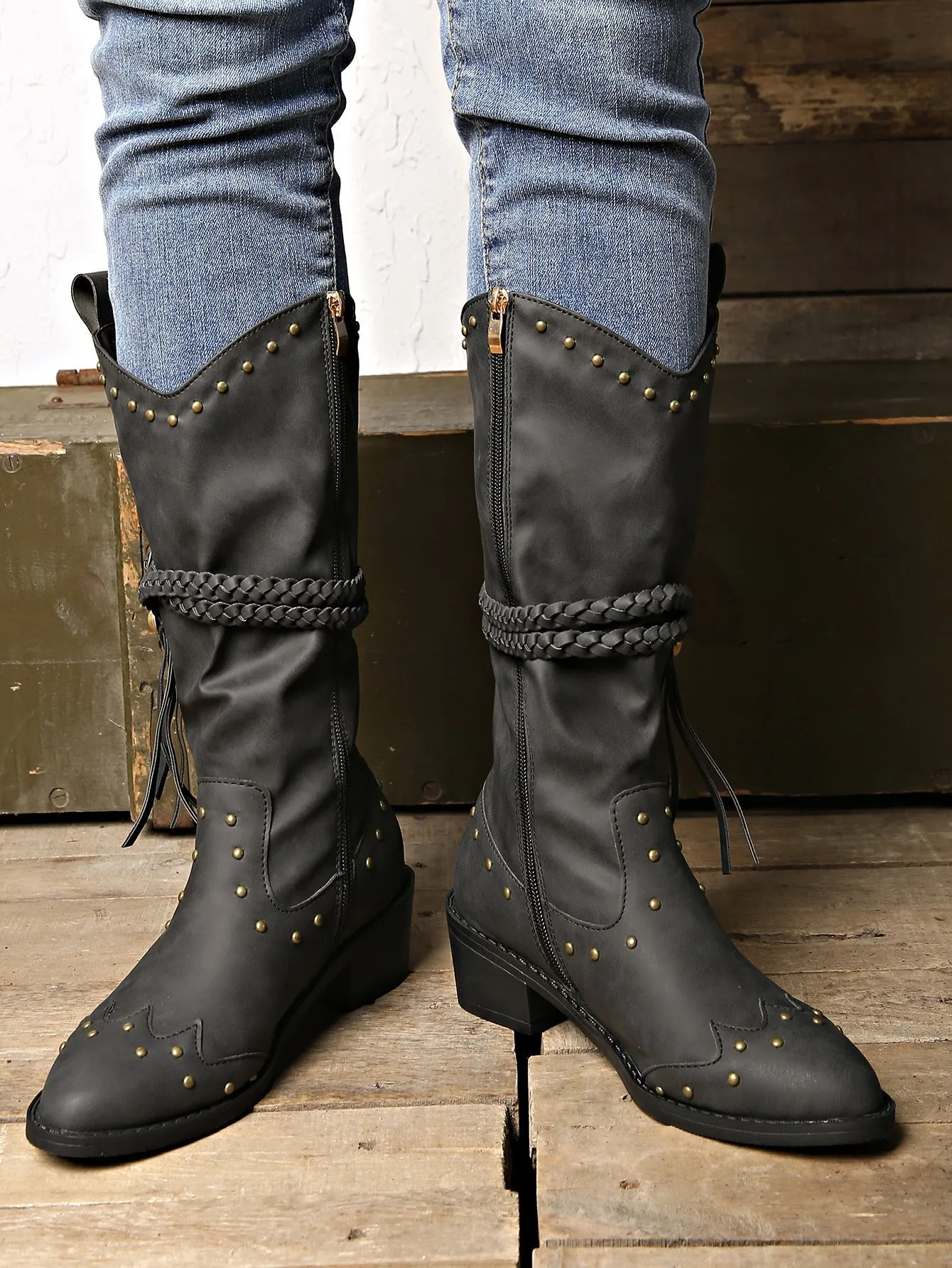 elveswallet Rivet belt buckle tassel mid-calf Martin boots