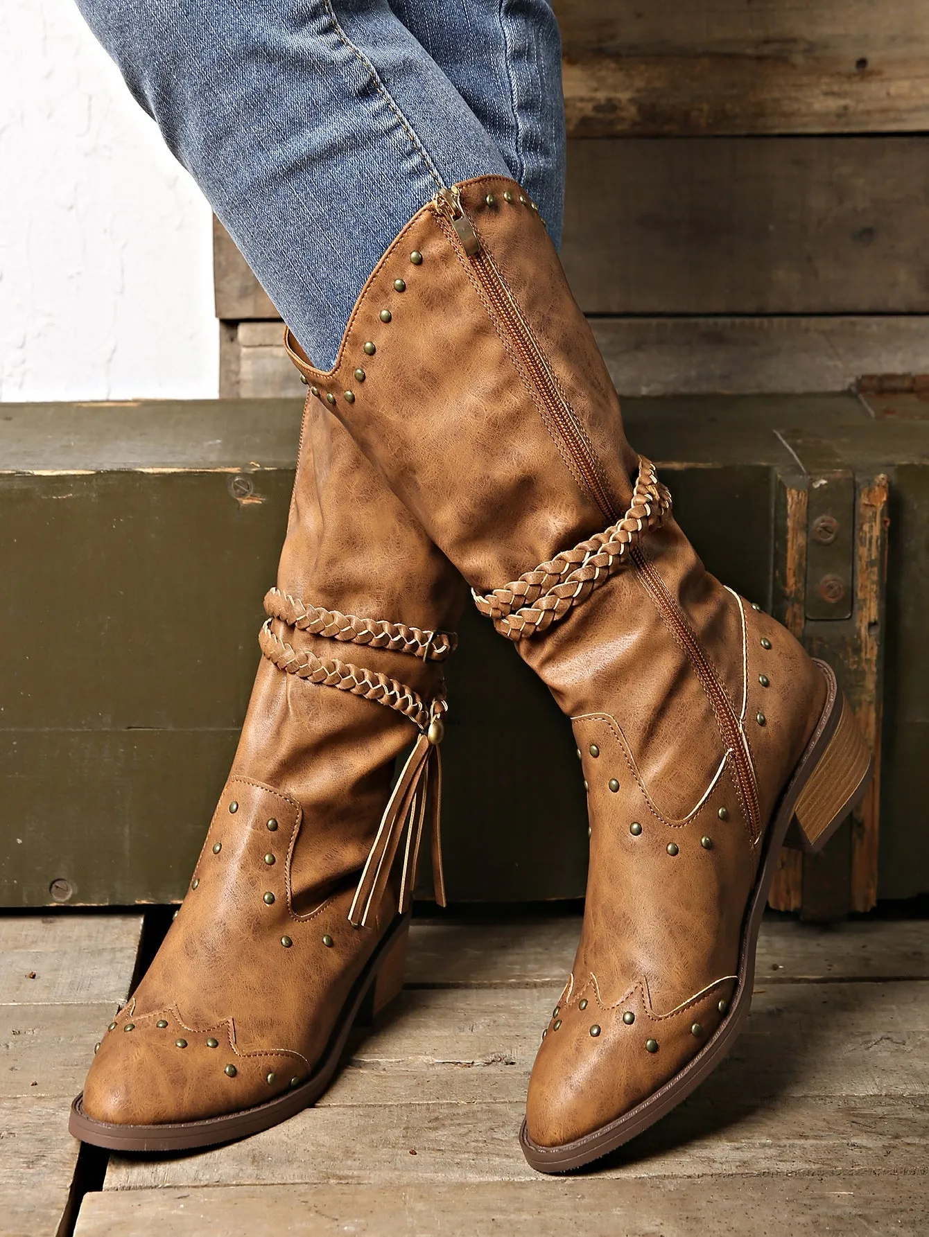 elveswallet Rivet belt buckle tassel mid-calf Martin boots