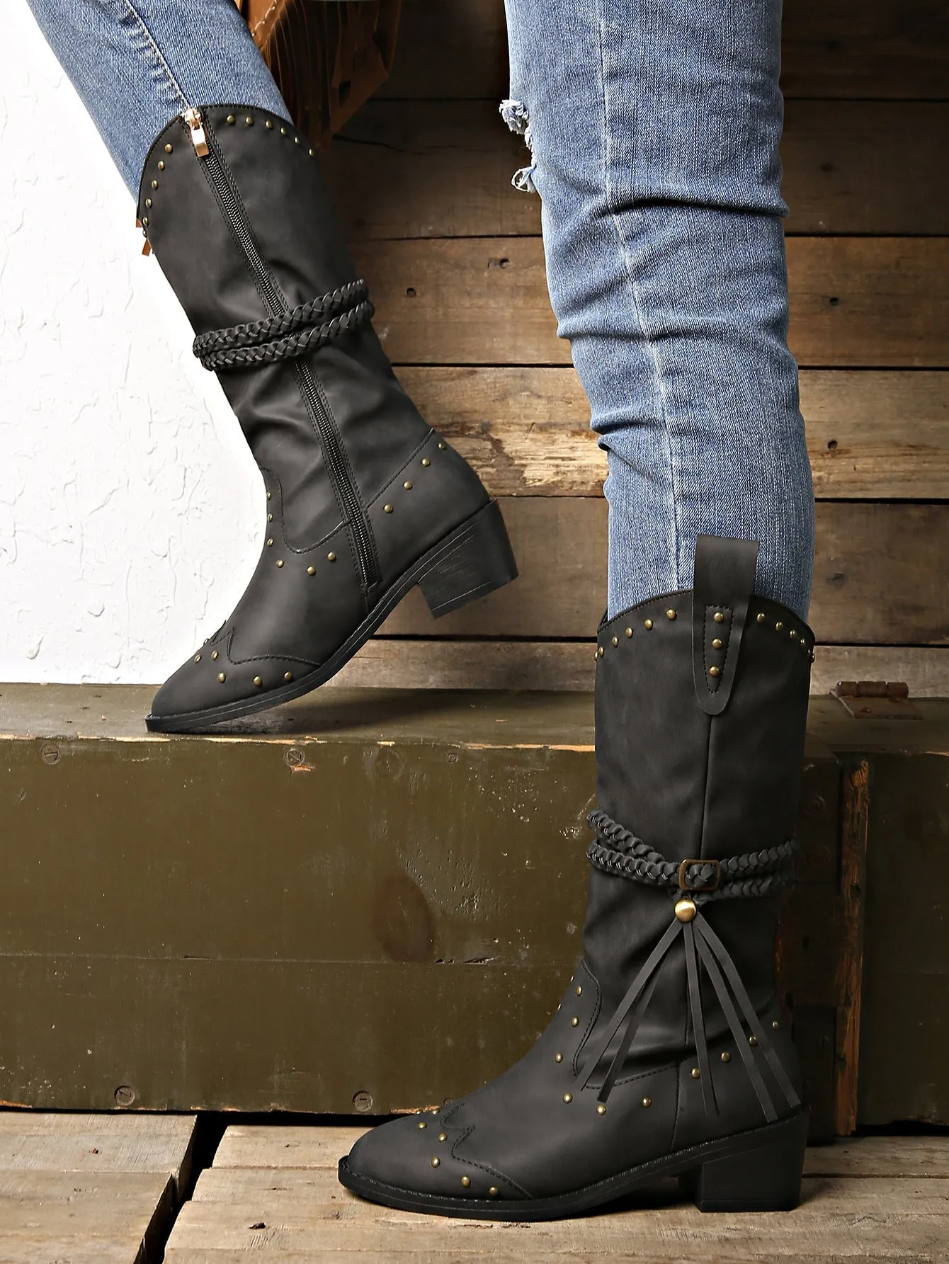 elveswallet Rivet belt buckle tassel mid-calf Martin boots
