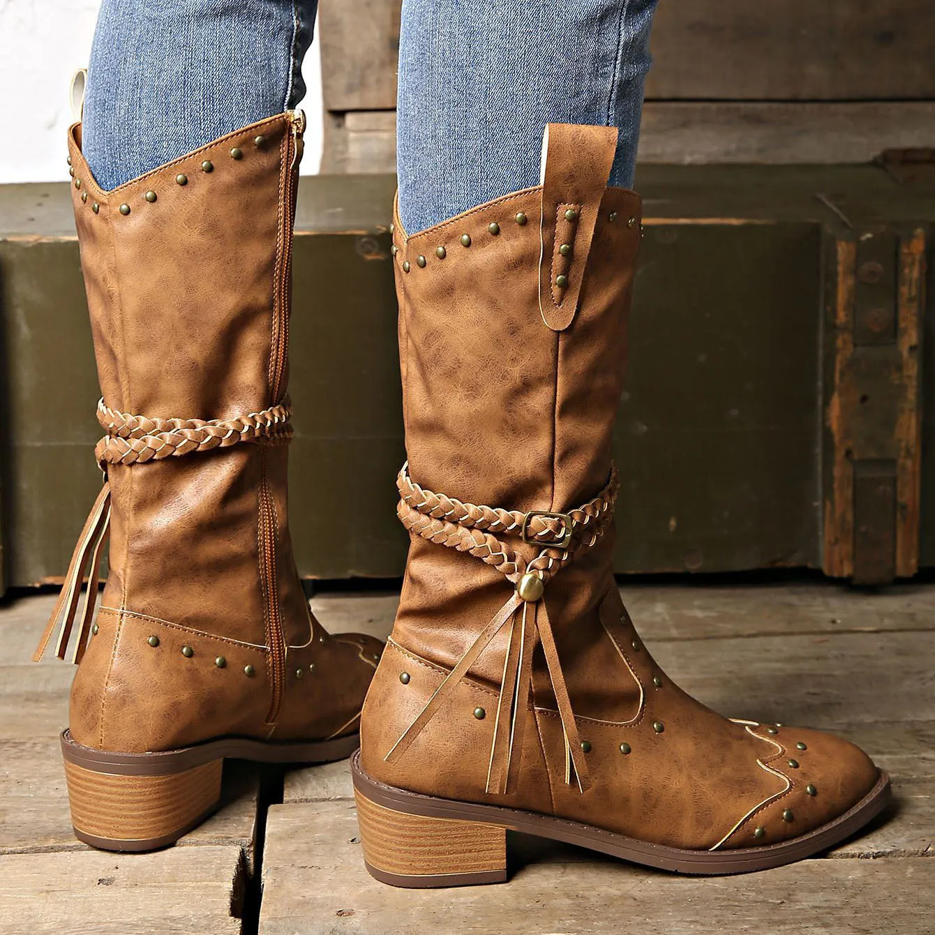 elveswallet Rivet belt buckle tassel mid-calf Martin boots