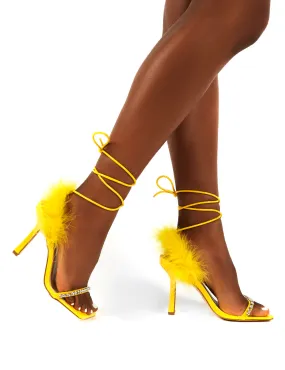 Fifi Yellow Feather Lace Up Ankle Square Toe Stiletto Heels