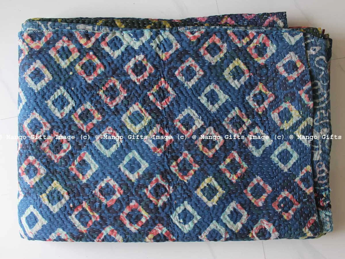Hand Block Print 100%Cotton Reversible Kantha Throw Ralli Bedcover Twin Size Blanket