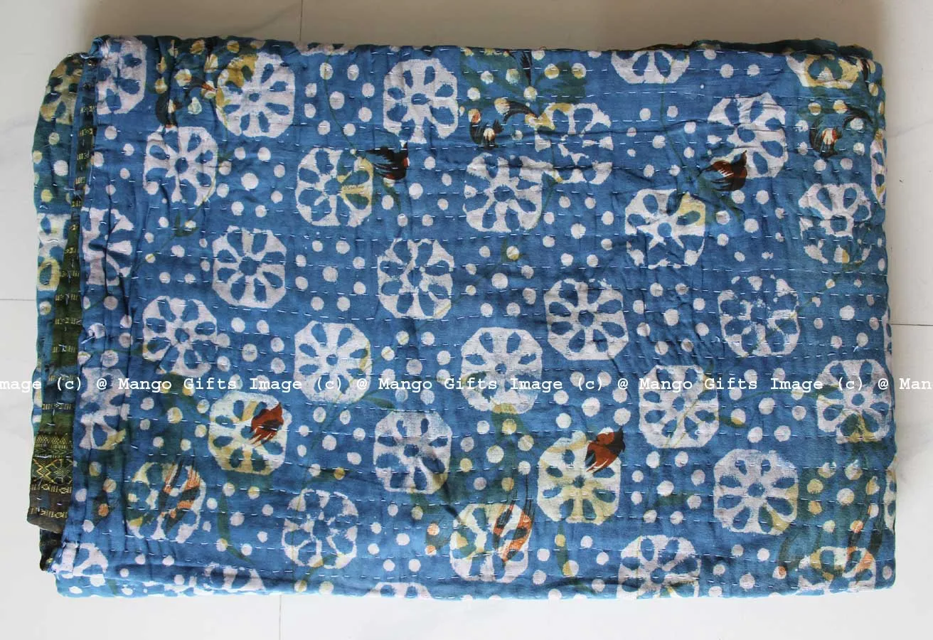 Hand Block Print 100%Cotton Reversible Kantha Throw Ralli Bedcover Twin Size Blanket
