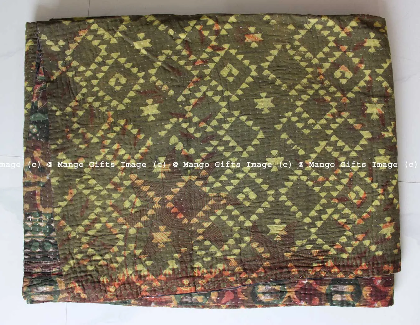Hand Block Print 100%Cotton Reversible Kantha Throw Ralli Bedcover Twin Size Blanket