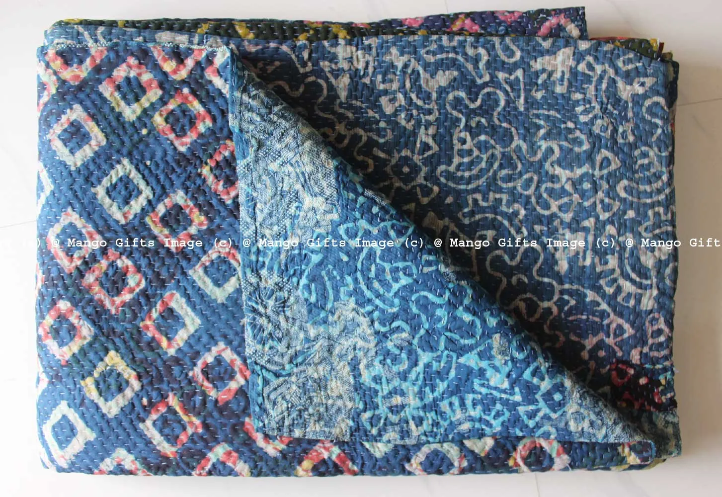 Hand Block Print 100%Cotton Reversible Kantha Throw Ralli Bedcover Twin Size Blanket