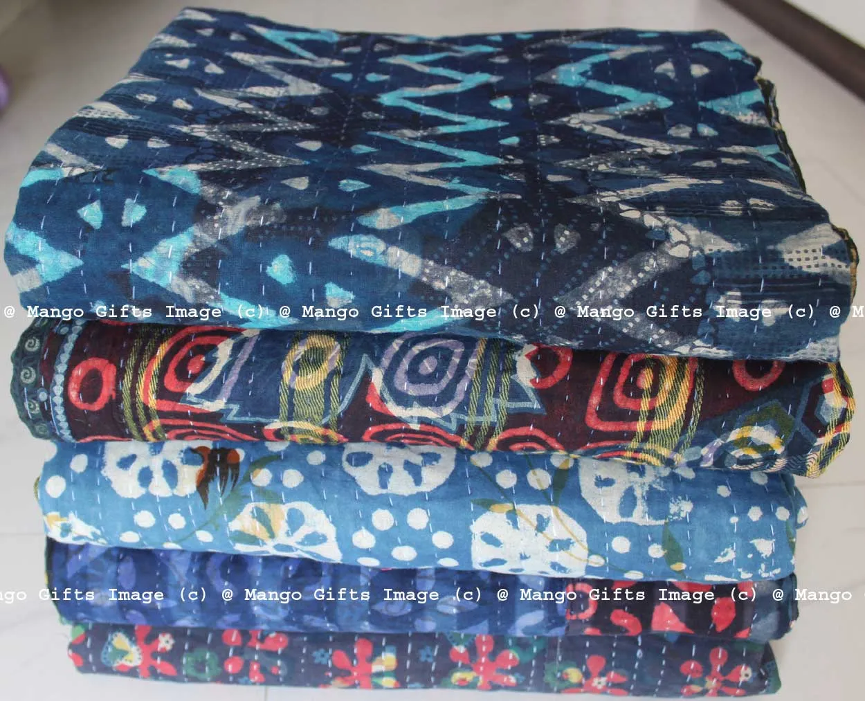 Hand Block Print 100%Cotton Reversible Kantha Throw Ralli Bedcover Twin Size Blanket