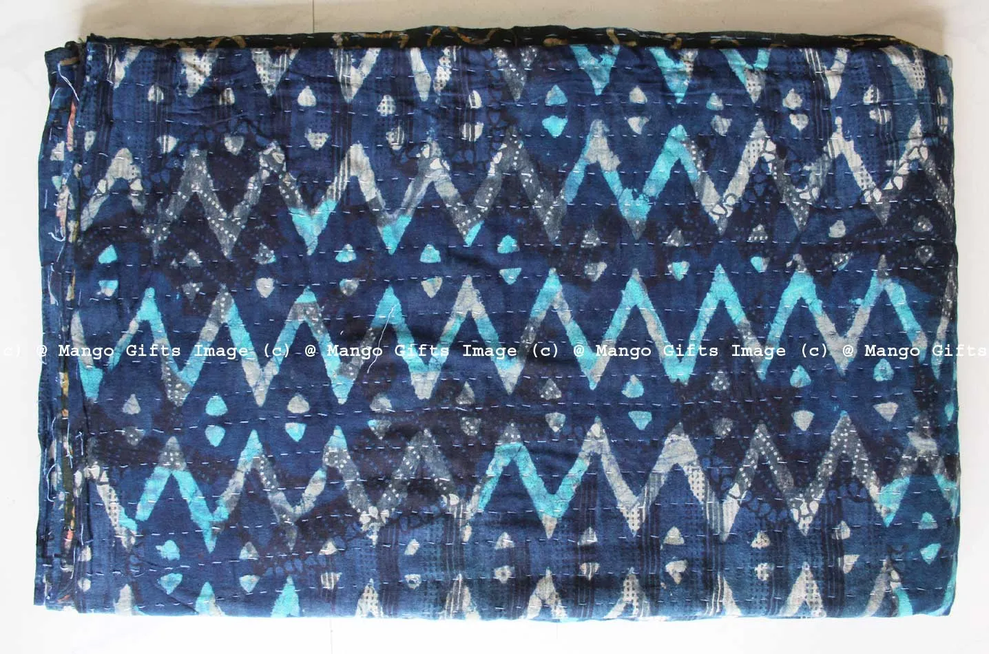 Hand Block Print 100%Cotton Reversible Kantha Throw Ralli Bedcover Twin Size Blanket