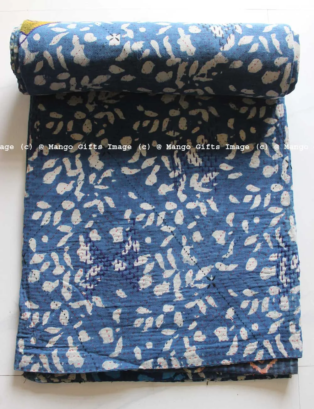 Hand Block Print 100%Cotton Reversible Kantha Throw Ralli Bedcover Twin Size Blanket