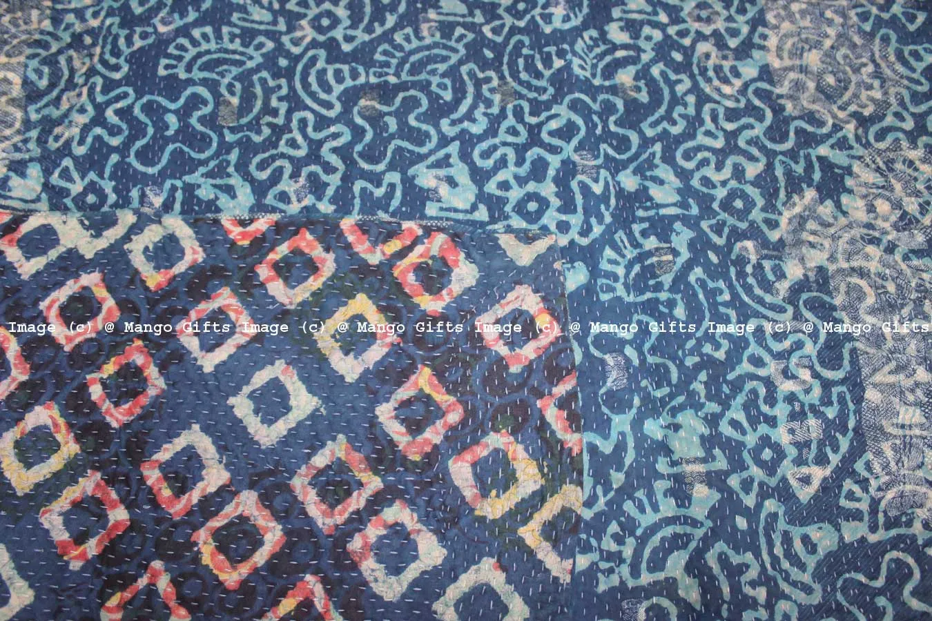 Hand Block Print 100%Cotton Reversible Kantha Throw Ralli Bedcover Twin Size Blanket