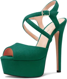 HDEUOLM Womens Stiletto High Platform Heel Peep Open Toe Sandals Cross-Strap Prom Cute Summer 5.9 Inches Heels