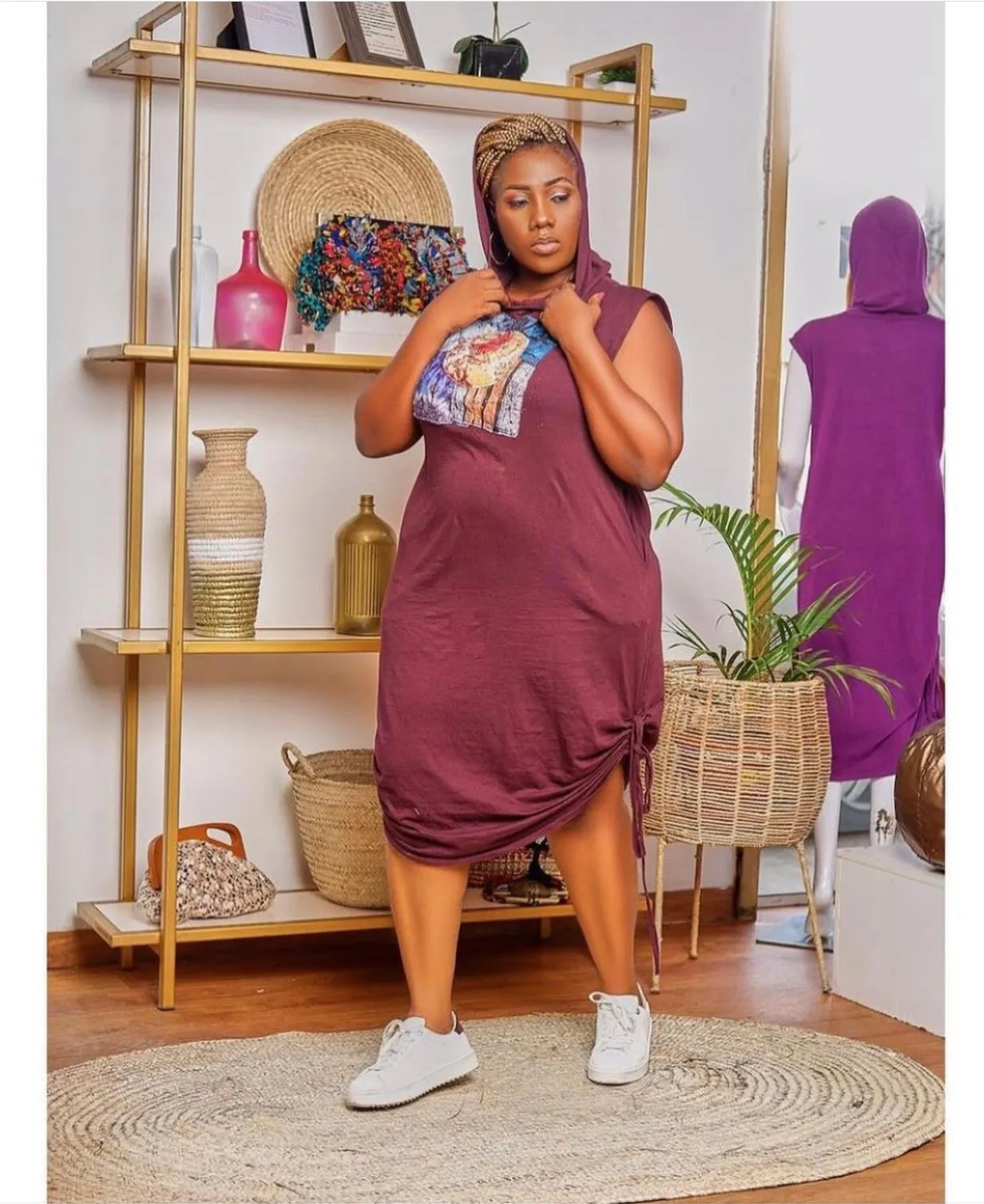 Hooded Jersey Dress with Adire Patchwork