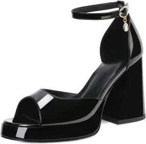 Joseywade Heeled Sandals Strappy Platform Chunky Block High Heels Round Open Toe 4 Inch Ankle Strap Sexy Work Dance Shoes