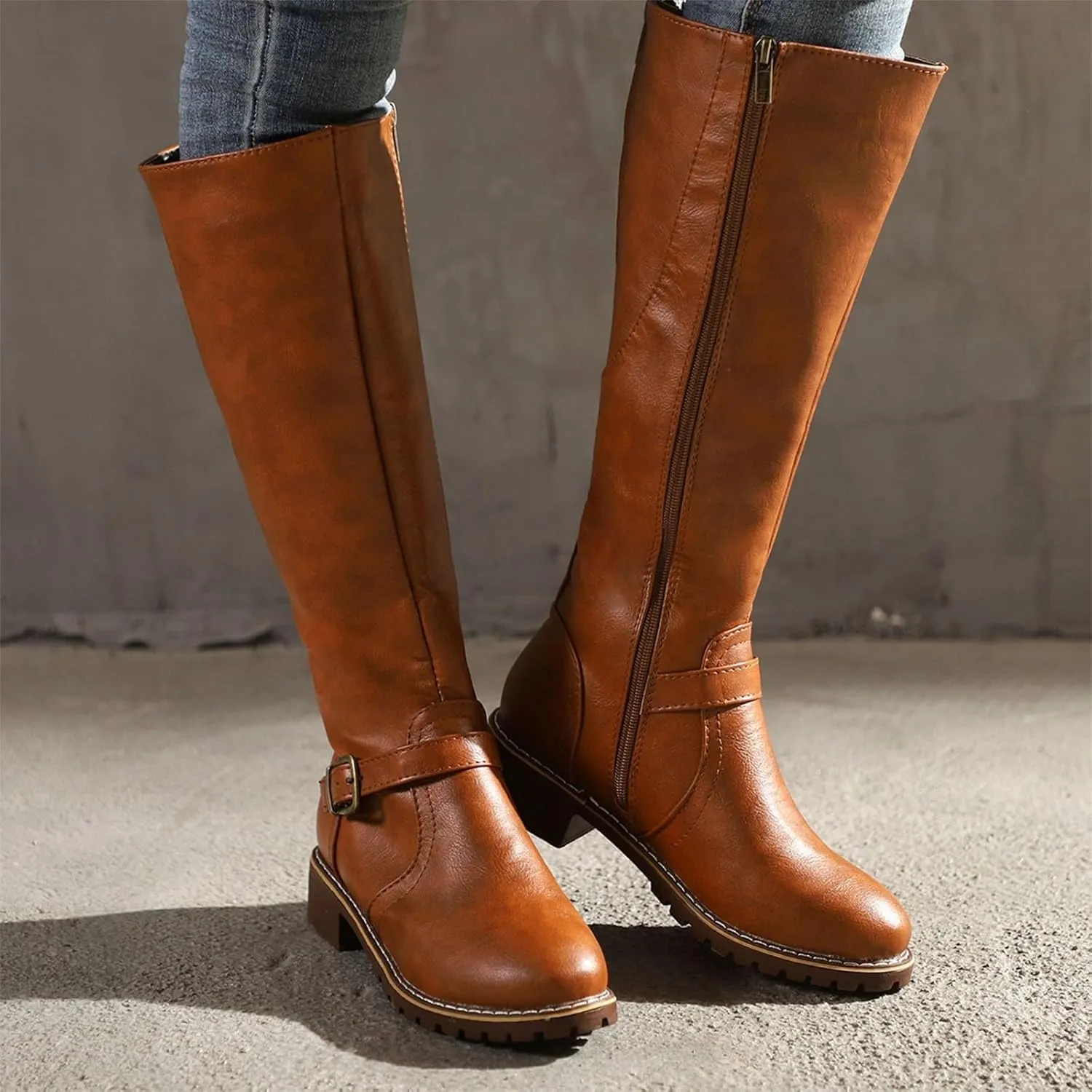 Knee High Boots for Women Vintage Side Zipper Tall Boots Mid Calf Boots Riding Boots Fall Boots Buckle