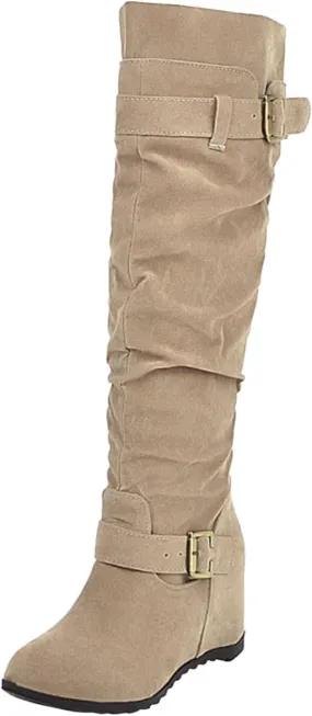 Knee High Boots Women Low Heel Platform Boots for Women Solid Color Suede Decoration Inside High Slope Heel Boots