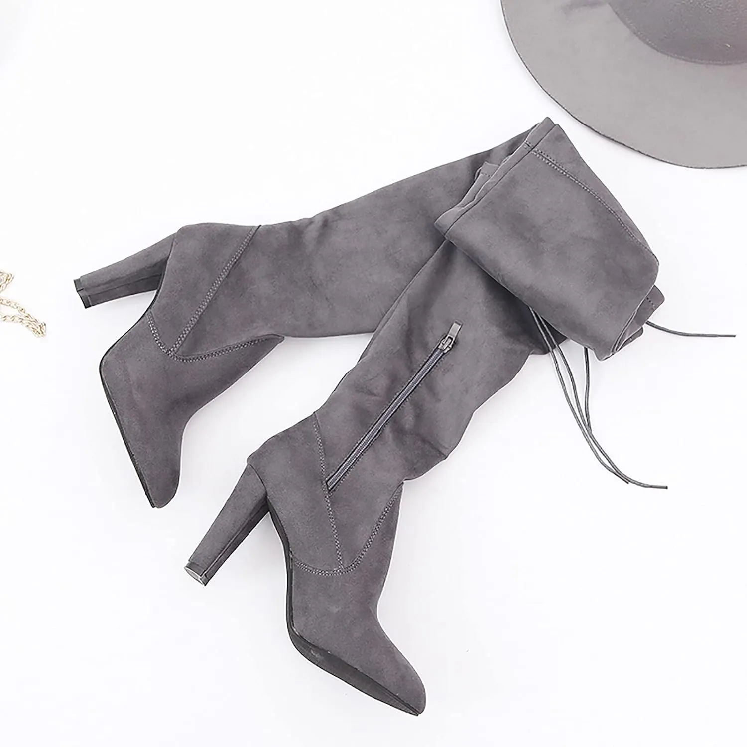 Lace up Boots for Women Fashion Solid Color Pointed Toe Thick High Heel Over-the-knee Boots Comfortable Strech Work Boots Casual Shoes