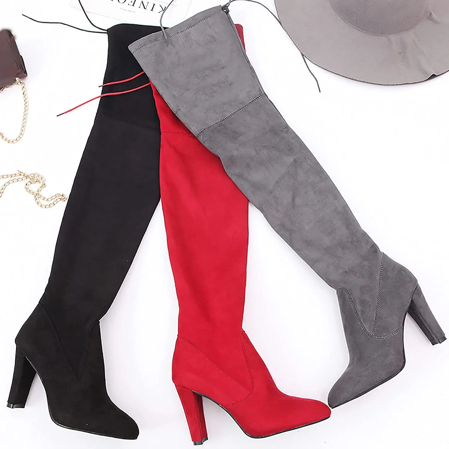 Lace up Boots for Women Fashion Solid Color Pointed Toe Thick High Heel Over-the-knee Boots Comfortable Strech Work Boots Casual Shoes