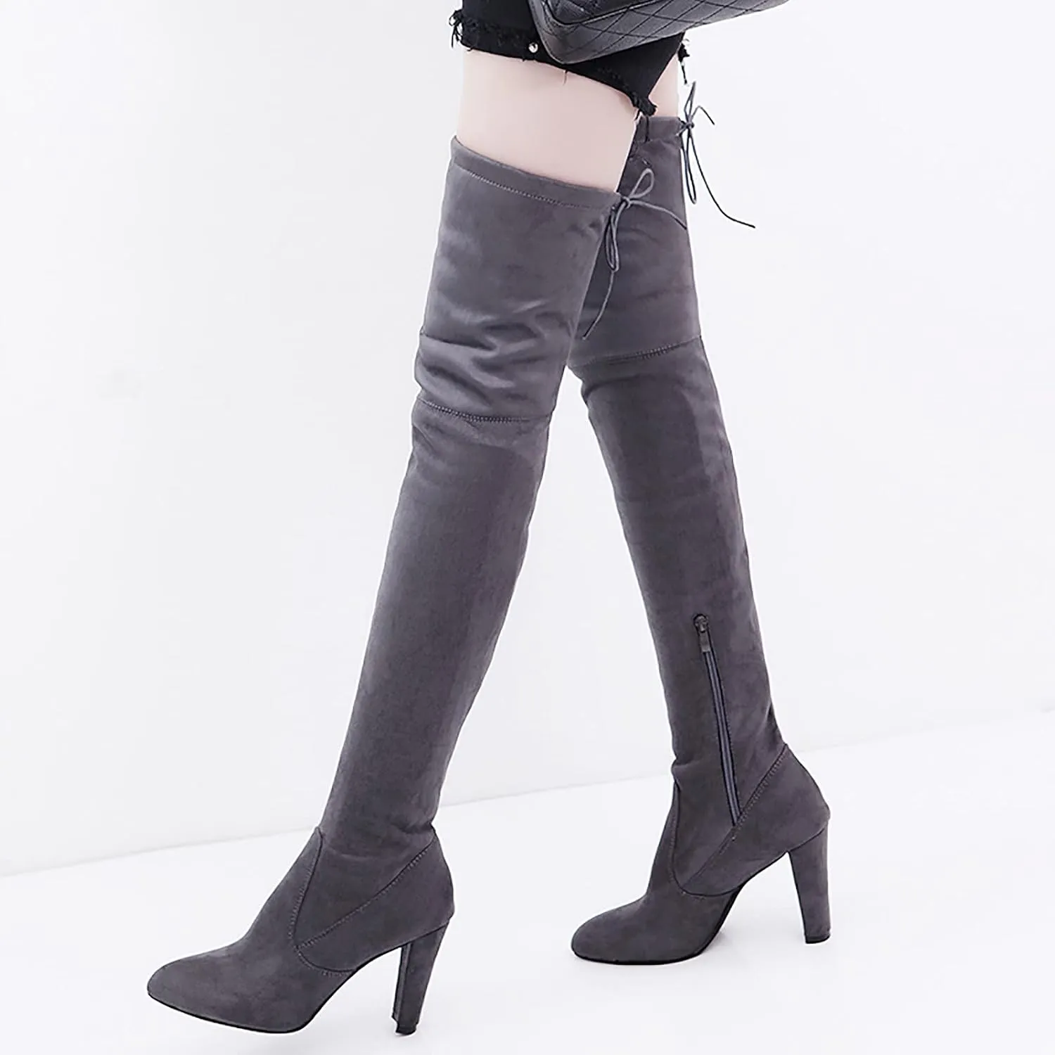 Lace up Boots for Women Fashion Solid Color Pointed Toe Thick High Heel Over-the-knee Boots Comfortable Strech Work Boots Casual Shoes