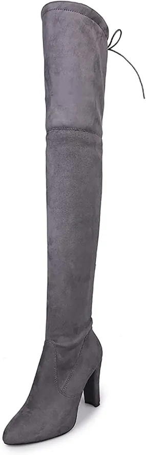Lace up Boots for Women Fashion Solid Color Pointed Toe Thick High Heel Over-the-knee Boots Comfortable Strech Work Boots Casual Shoes