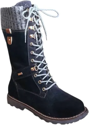 LIUsj JUNST Women Mid-Calf Boots Platform Chunky Heel Lace Up Winter Boots Fashion Wool Round Toe Side Zip Closure Combat Boots Women's Ankle Boots & Booties Ladies Snow Boots,Black,37
