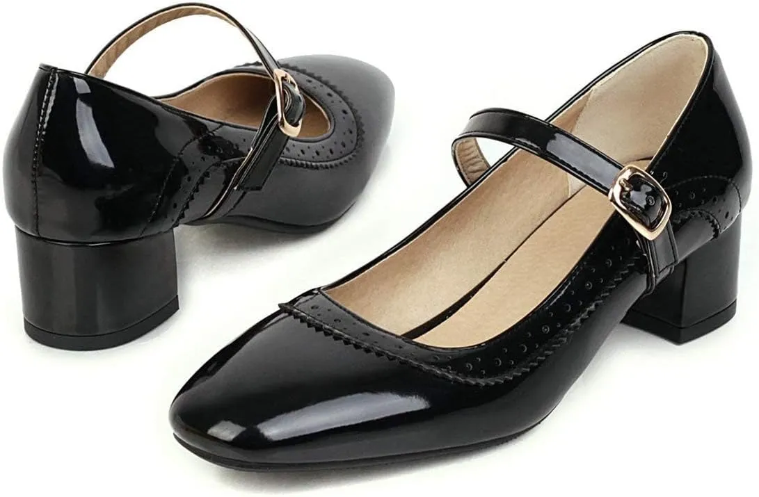 MAVMAX Women's Patent Leather Mary Janes Mid Block Heel Rockabilly Pumps