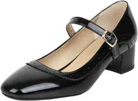 MAVMAX Women's Patent Leather Mary Janes Mid Block Heel Rockabilly Pumps