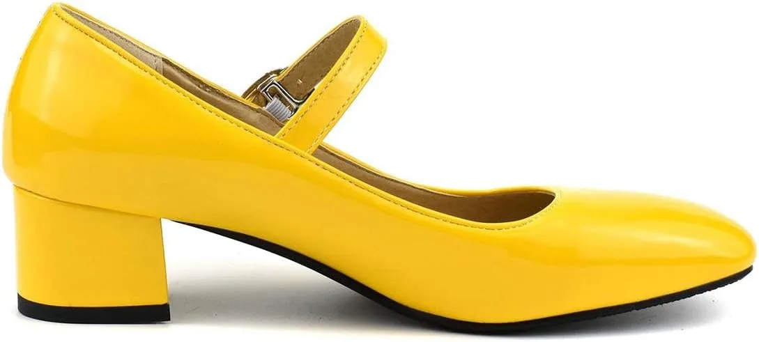 MAVMAX Women's Patent Leather Mary Janes Mid Block Heel Rockabilly Pumps