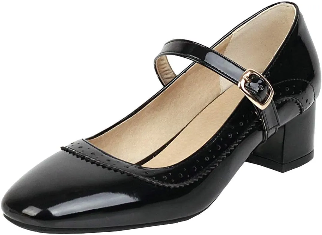 MAVMAX Women's Patent Leather Mary Janes Mid Block Heel Rockabilly Pumps