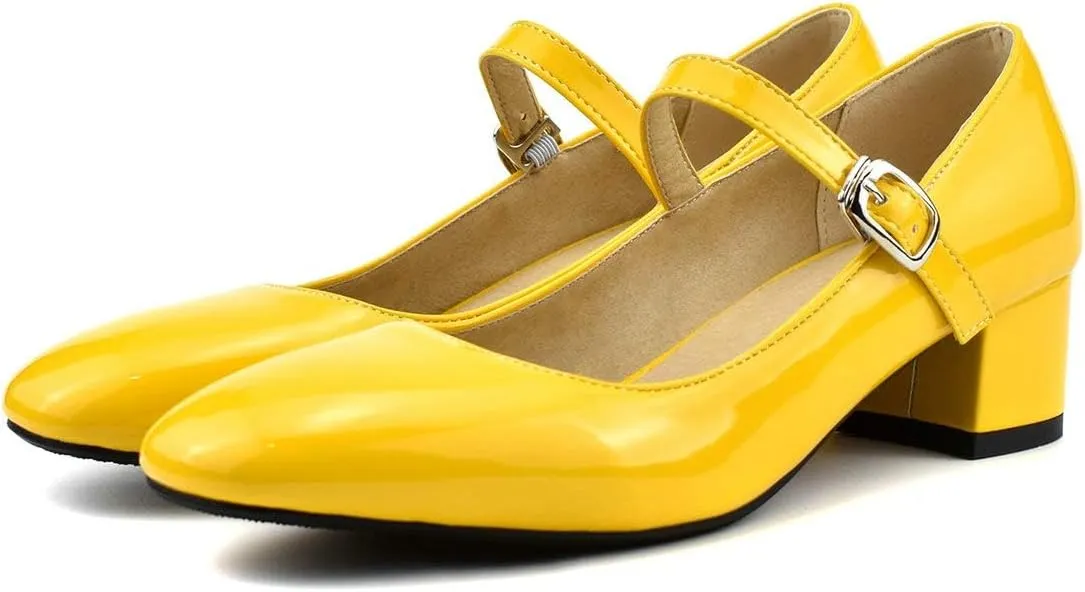 MAVMAX Women's Patent Leather Mary Janes Mid Block Heel Rockabilly Pumps