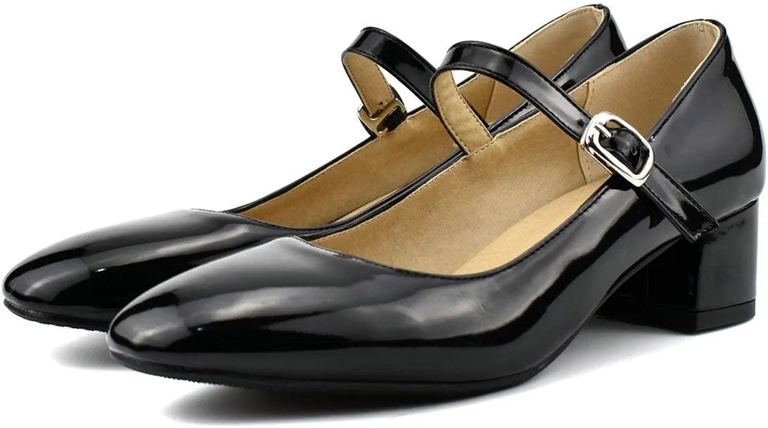 MAVMAX Women's Patent Leather Mary Janes Mid Block Heel Rockabilly Pumps