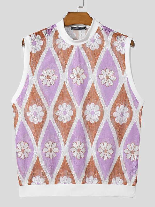 Mens Floral Lace Patchwork Sleeveless Vest SKUK39940