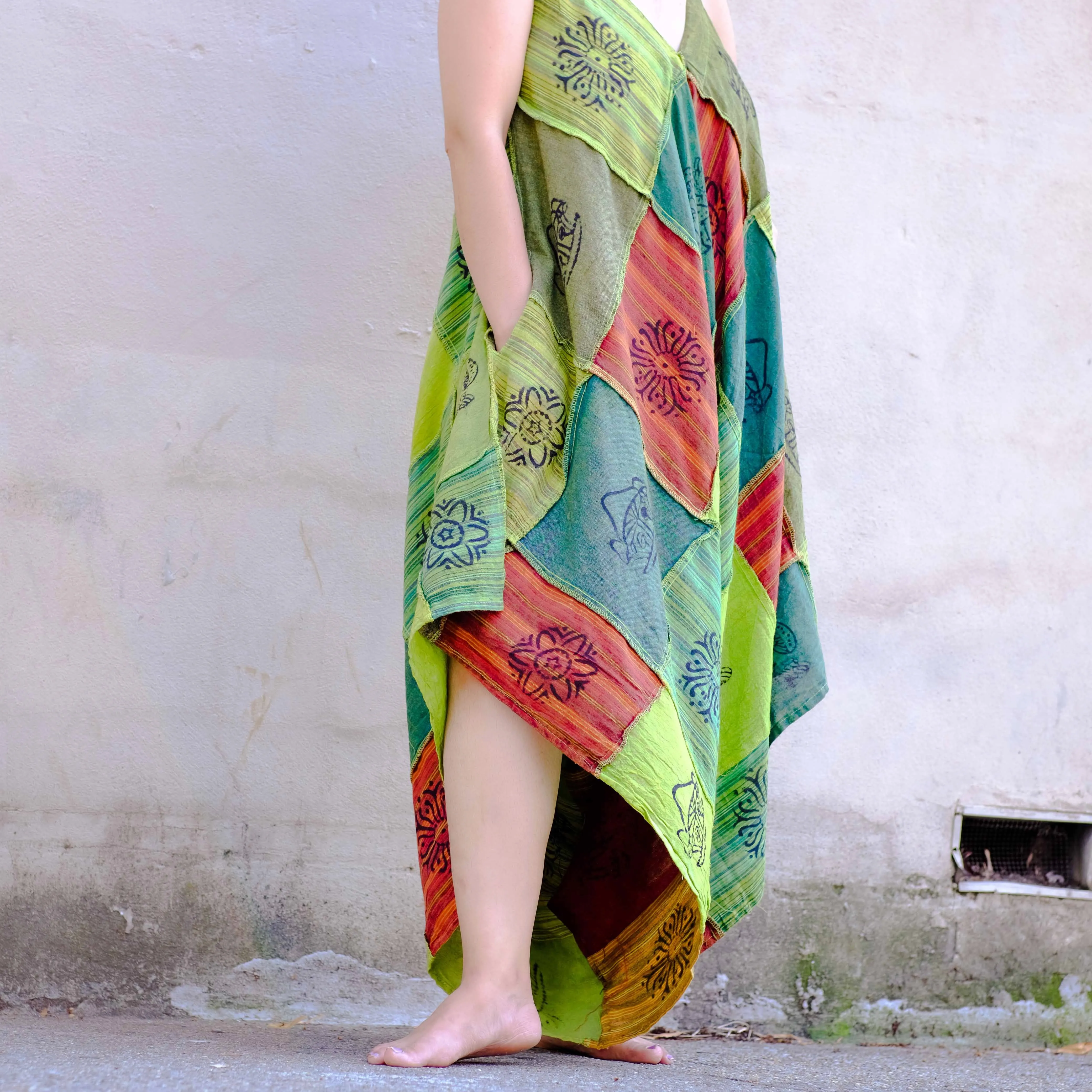 Patchwork Cotton Flowy Jumpsuit with Pocket