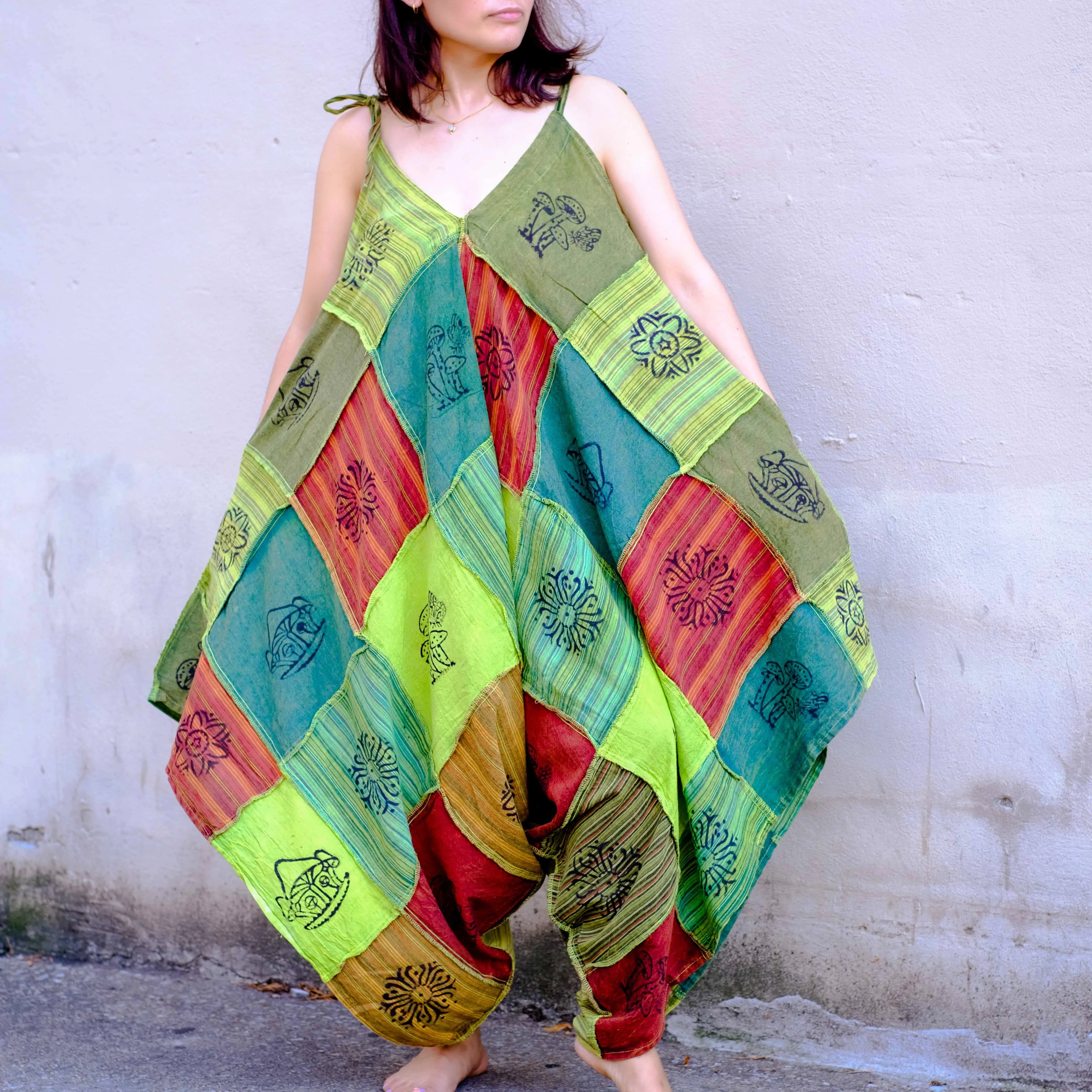 Patchwork Cotton Flowy Jumpsuit with Pocket