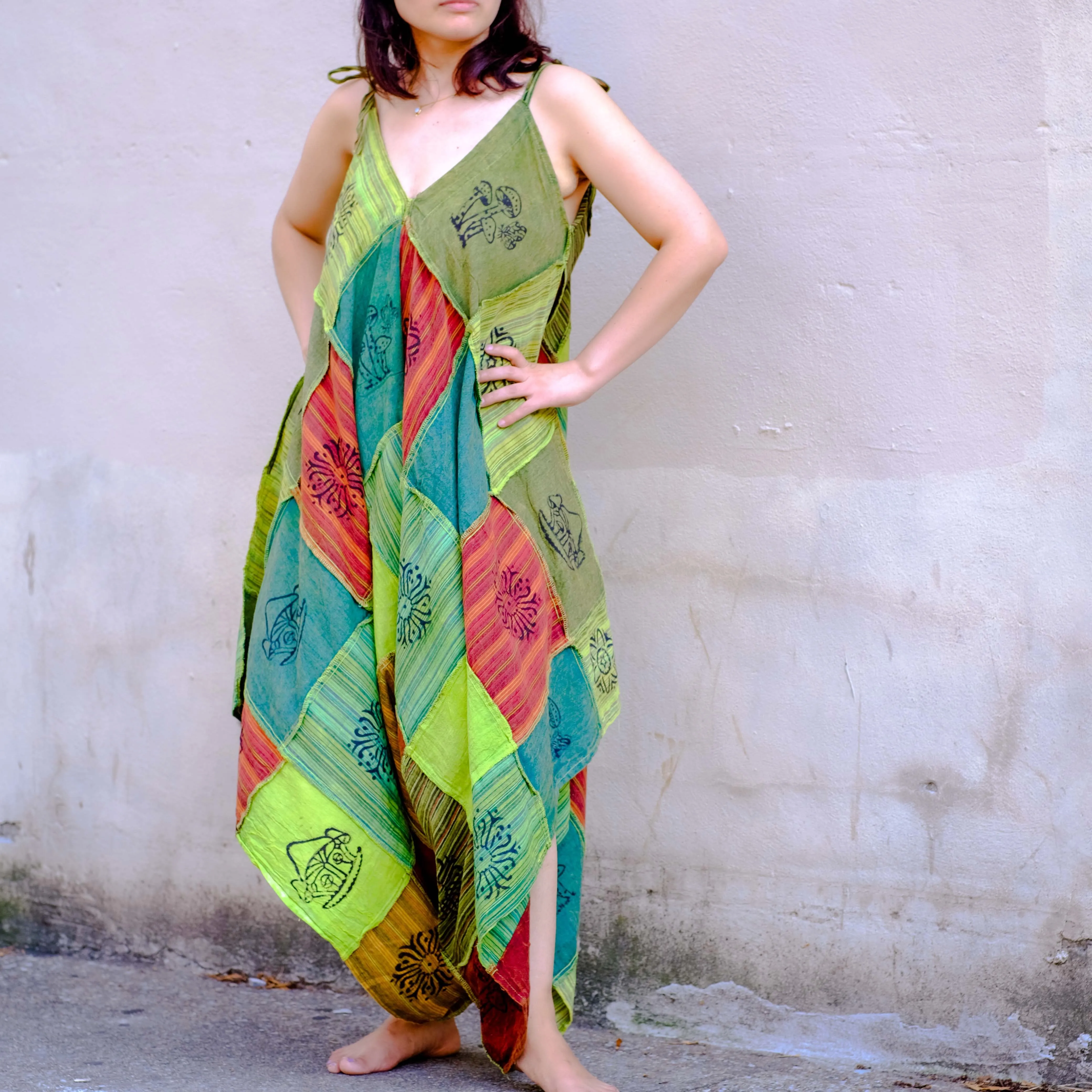 Patchwork Cotton Flowy Jumpsuit with Pocket