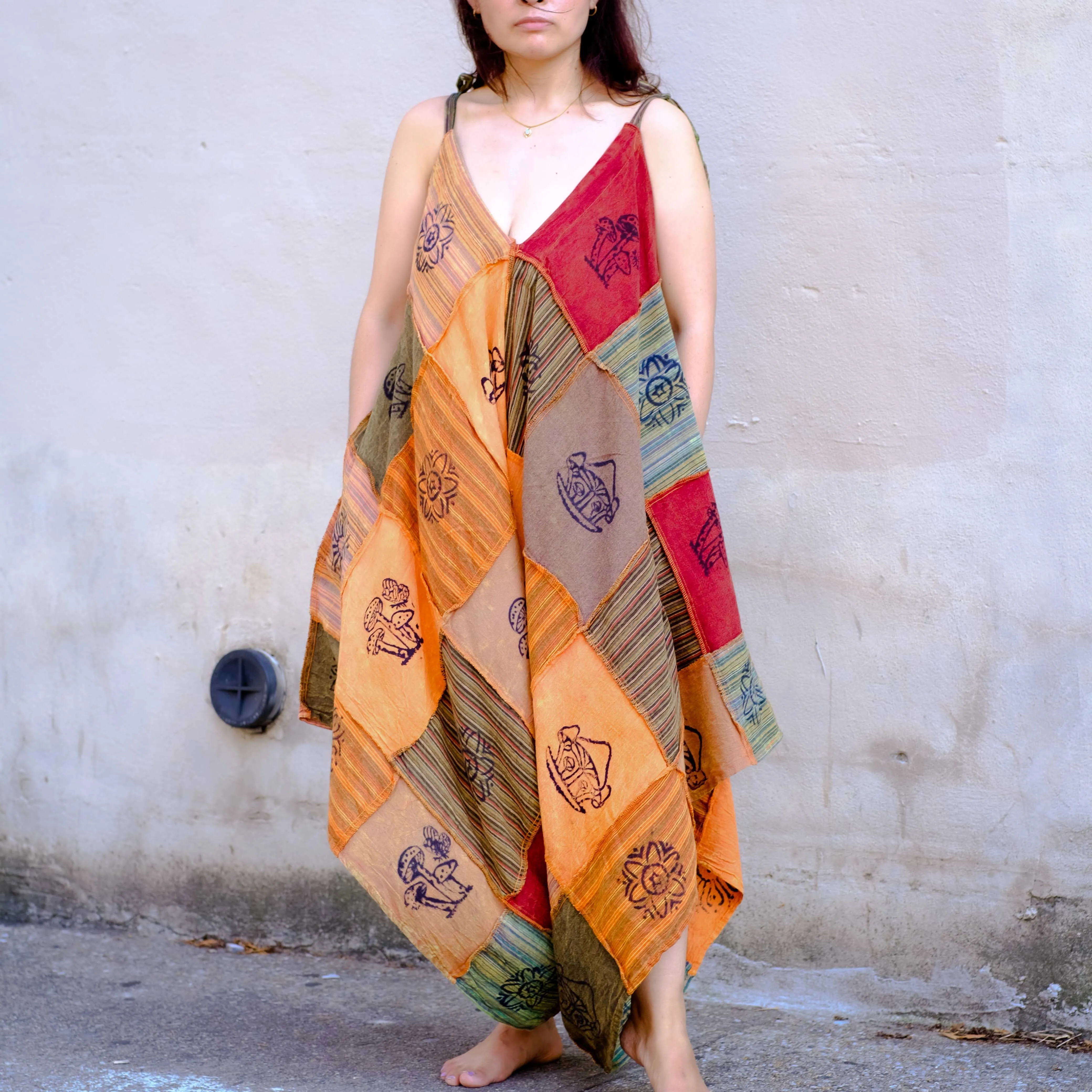 Patchwork Cotton Flowy Jumpsuit with Pocket