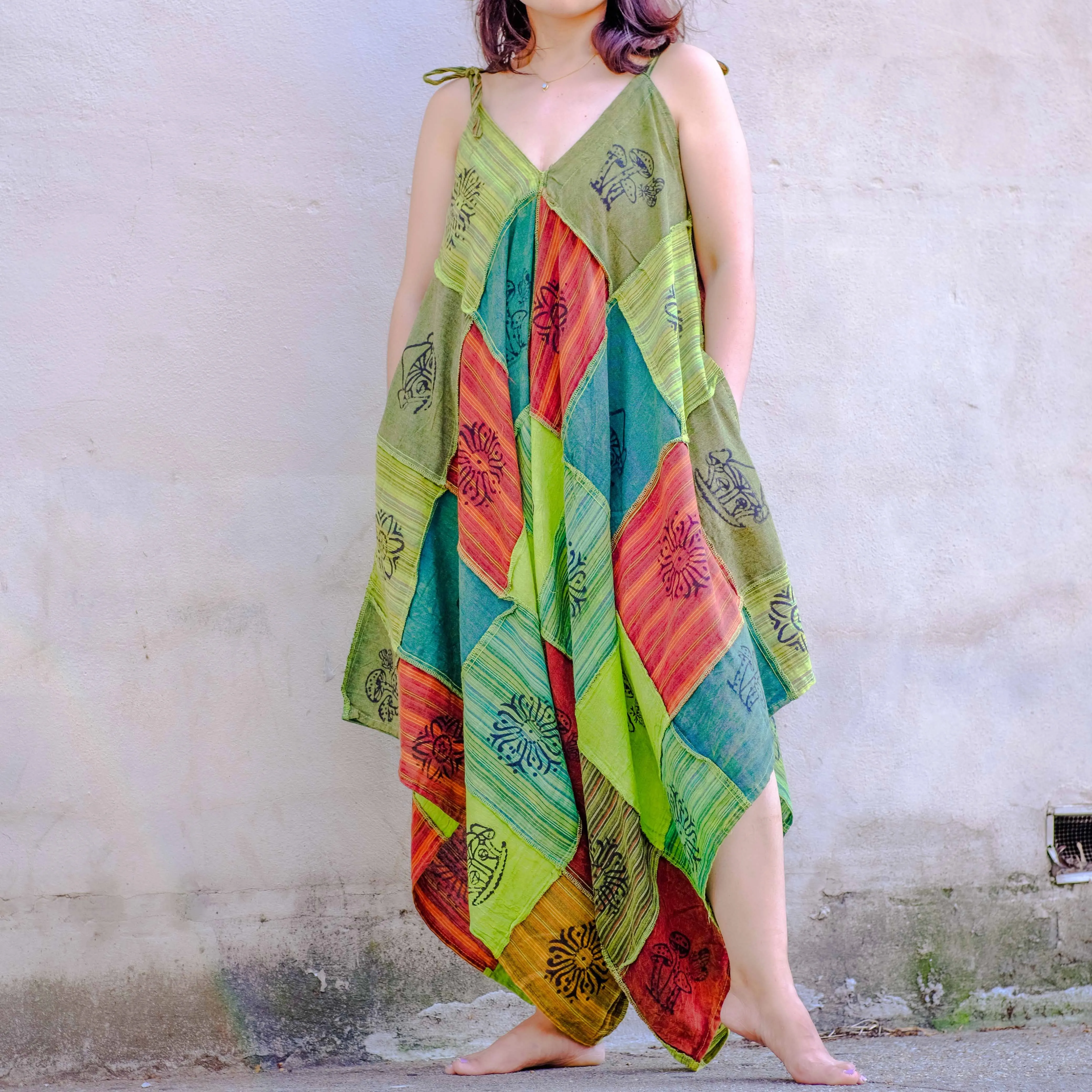 Patchwork Cotton Flowy Jumpsuit with Pocket