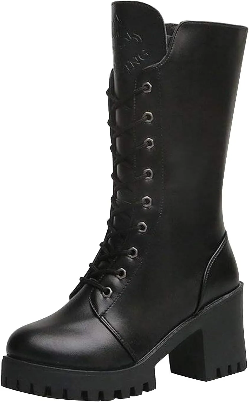 peqiut Knee High Boots Women Western Round Toe Lace Up Platform Cowboy Boots for Women Retro Leather Womens Boots