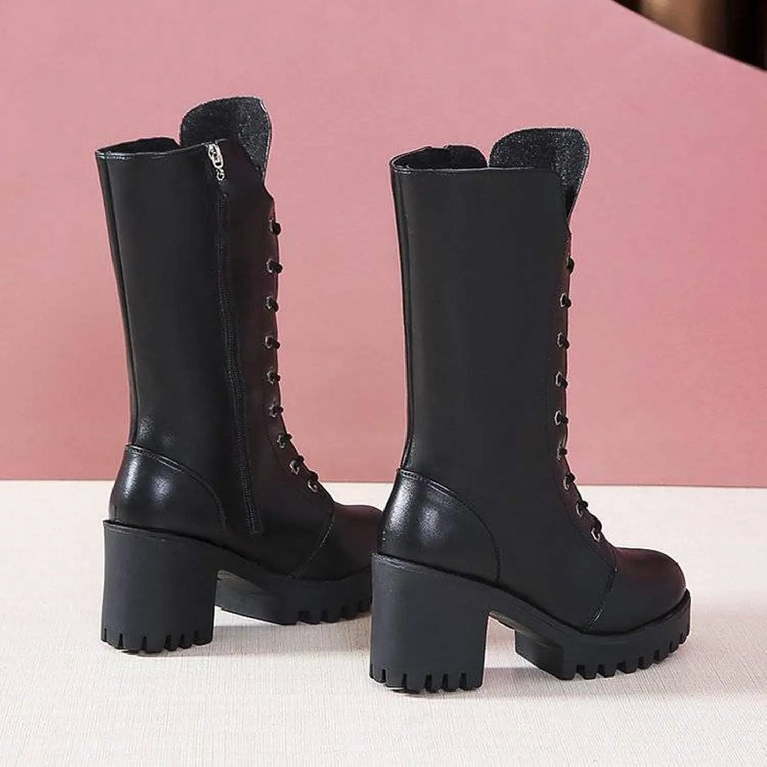 peqiut Knee High Boots Women Western Round Toe Lace Up Platform Cowboy Boots for Women Retro Leather Womens Boots