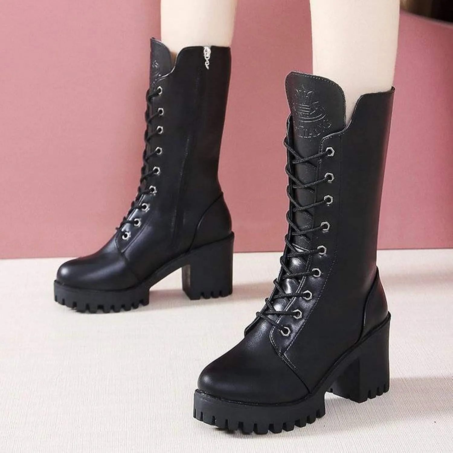 peqiut Knee High Boots Women Western Round Toe Lace Up Platform Cowboy Boots for Women Retro Leather Womens Boots